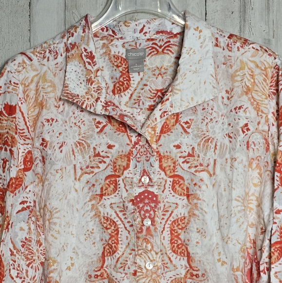 Chico's Size 3 100% Linen Top Plus 16 18 Roll Tab Sleeves - Picture 2 of 10